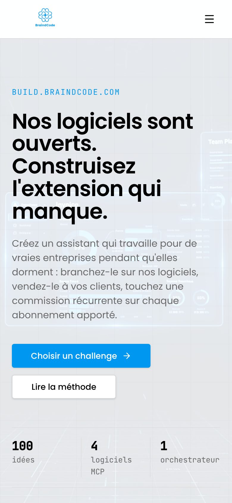 BraindCode Build — accueil mobile