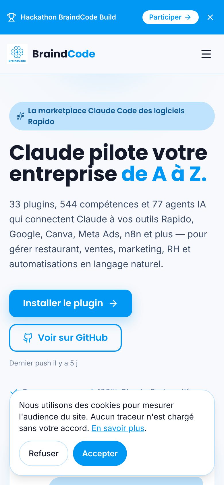 BraindCode Plugins — accueil mobile
