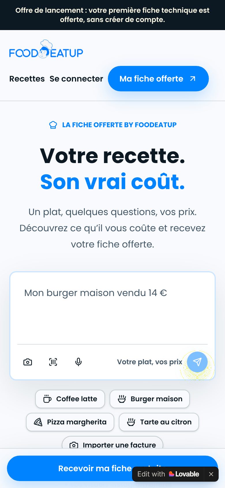 Fiche technique FoodEatUp — accueil mobile